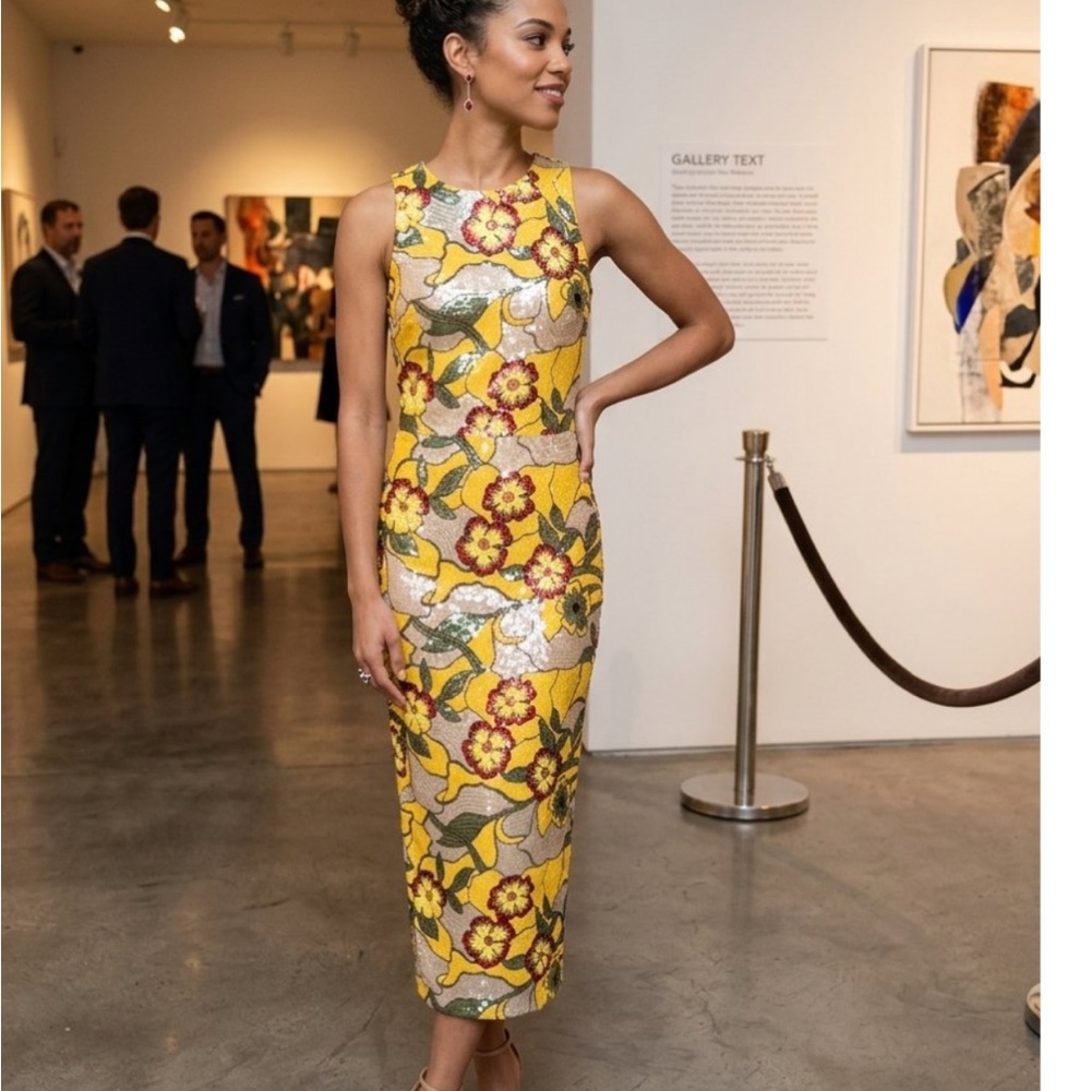 Dressed a population Women’s Yellow Floral Sleeveless sequin Midi Dress size 2